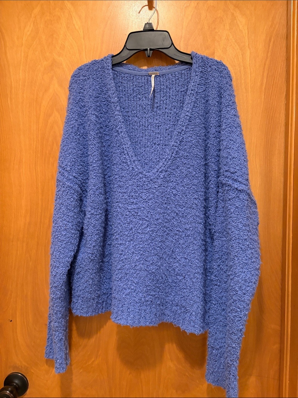 Free People Textured V-Neck Bouclé Sweater in Periwinkle Blue